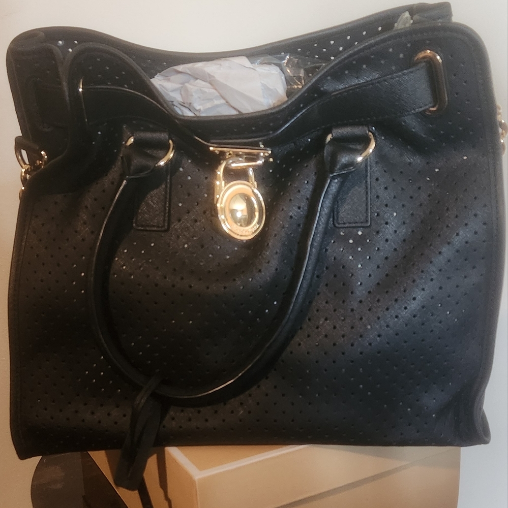 MICHAEL KORS Black Perforated Saffiano Leather Handbag